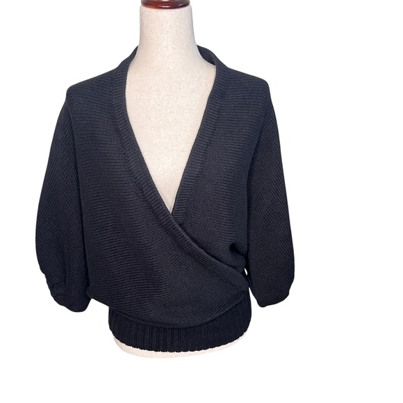 Moda International Sweaters - Vtg Moda Intl Black Chunky Knit Sweater Wrap Plunge M 90s Y2K Oversized Grunge